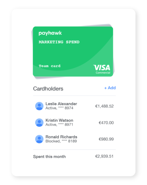 corporate debit card overview from within Payhawk spend management